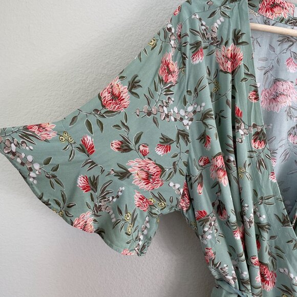 Loft Womens Plus 24 Floral Wrap Top Green Pink Short Sleeve Blouse Shirt - Picture 9 of 10